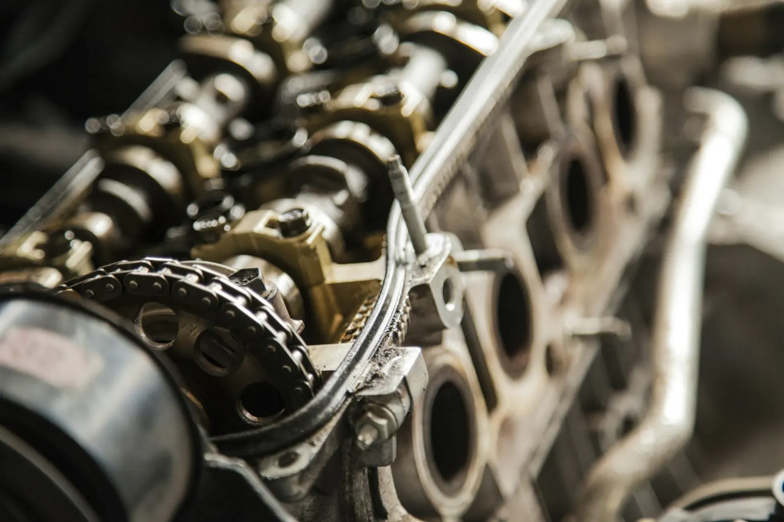 Camshaft and timing chain inside an engine